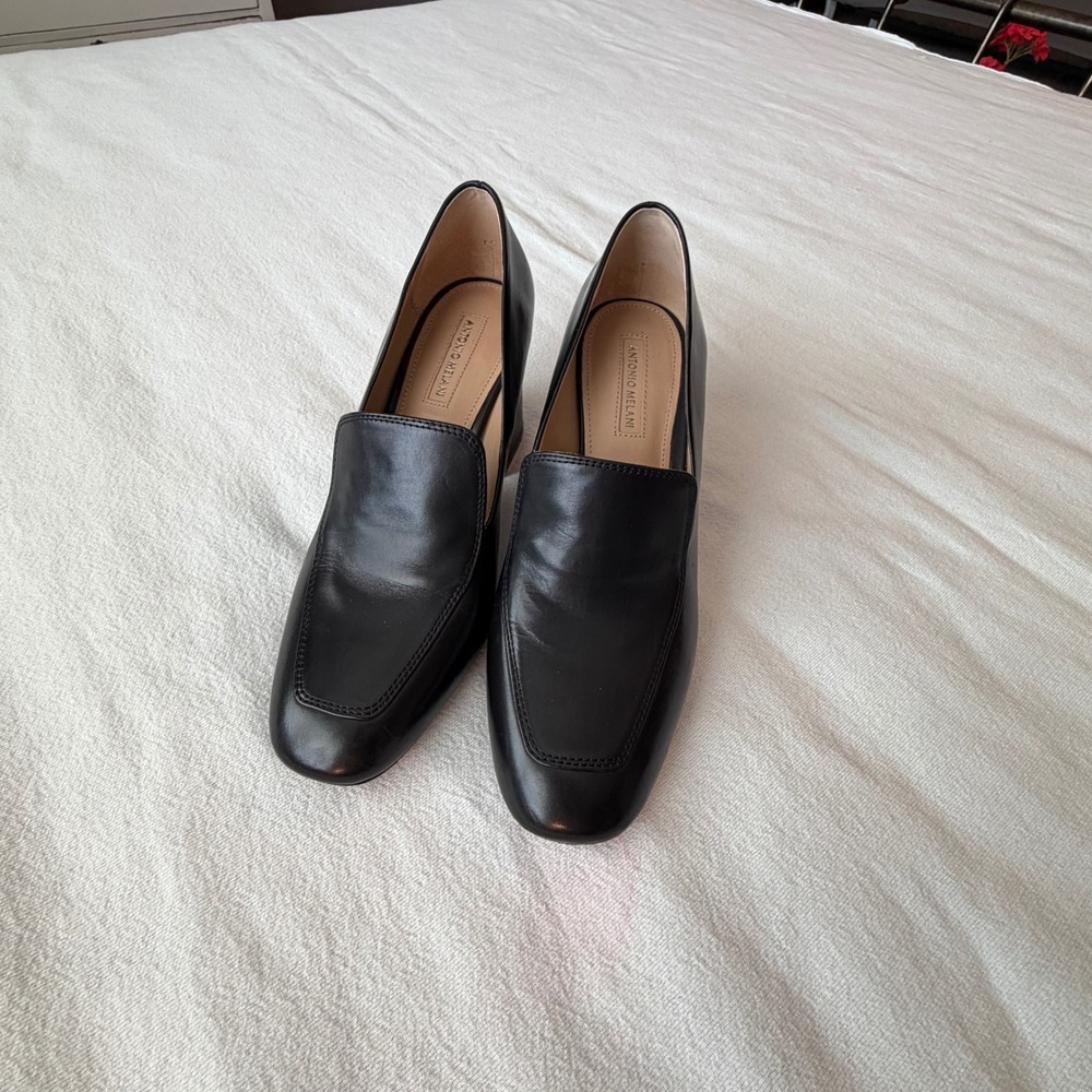Antonio Melani Black Leather Loafer Pumps Square Toe Block Heel Womens 8.5M - Picture 3 of 11